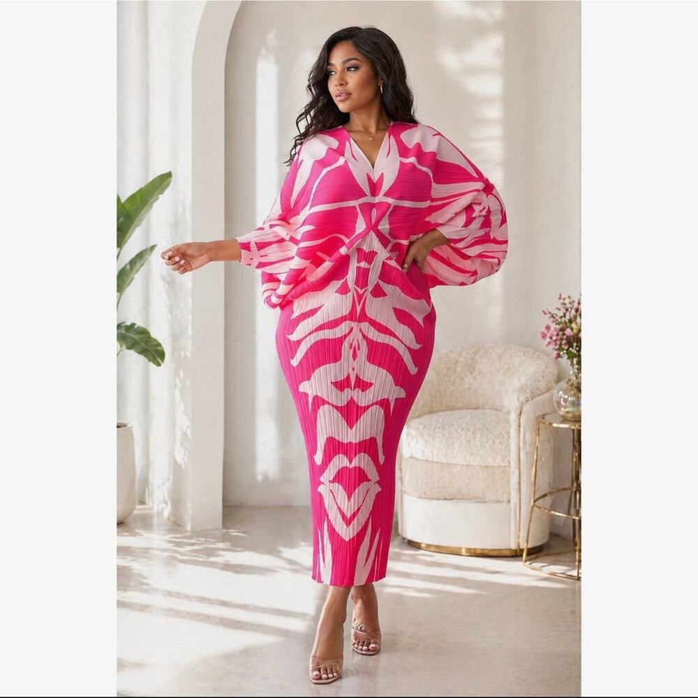 Pleated V-Neck Midi Dress – Hot Pink Abstract Print